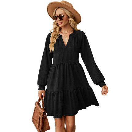 Women V Neck Dress Summer Long Sleeve Flowy Tiered A Line Dresses