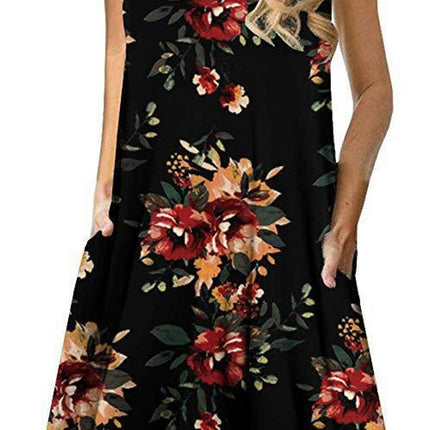 Women's Summer Sleeveless Casual Floral Print Midi Dress with Pocket