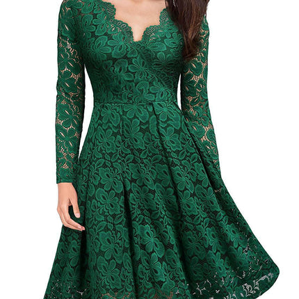 Women's Floral Lace Long Sleeve V Neck Cocktail Formal Swing Dress
