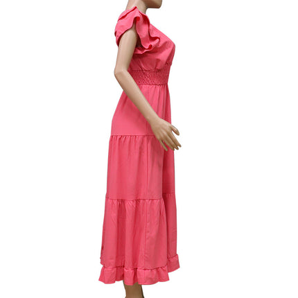 Women's Boho Dress V Neck Short Sleeve Ruffle Hem Flowy Maxi Dresses