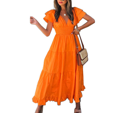 Women's Boho Dress V Neck Short Sleeve Ruffle Hem Flowy Maxi Dresses