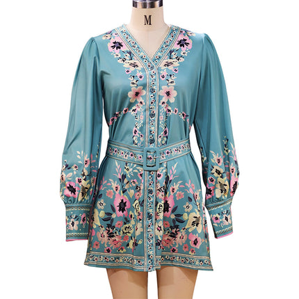 Women's Long Lantern Sleeve Short Dress V Neck Tie Waist Mini Dress