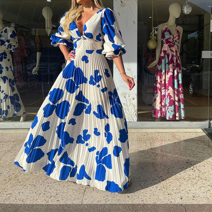 Women's Summer Deep V Neck Maxi Dress Pleated Short Sleeve Dress