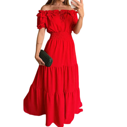 Women's Summer Off Shoulder Maxi Dress Short Sleeve Ruffle Tiered Flowy Long Dresses