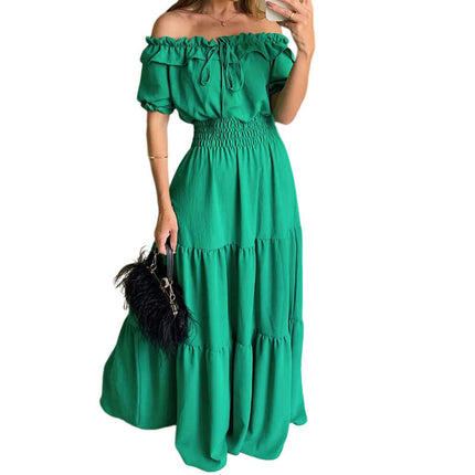 Women's Summer Off Shoulder Maxi Dress Short Sleeve Ruffle Tiered Flowy Long Dresses