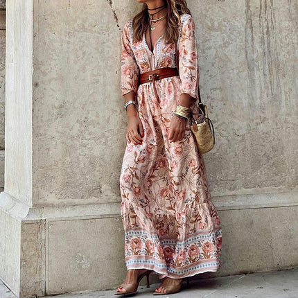 Women's Bohemian Floral Printed V Neck Short Sleeve Beach Maxi Dress