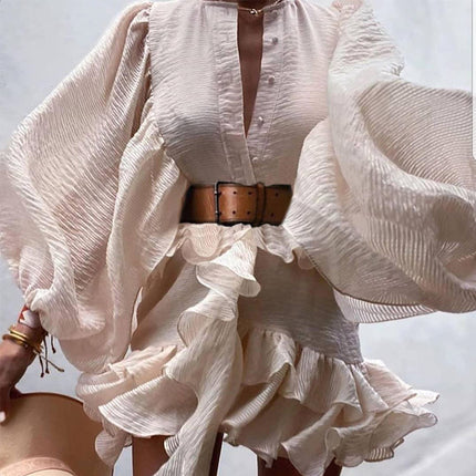 Women's Summer Deep V Neck Long Sleeve Ruffle Flowy Mini Dress