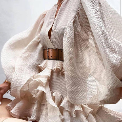 Women's Summer Deep V Neck Long Sleeve Ruffle Flowy Mini Dress