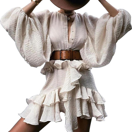Women's Summer Deep V Neck Long Sleeve Ruffle Flowy Mini Dress