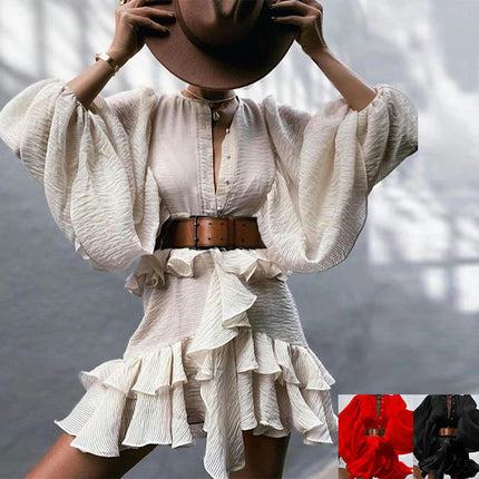 Women's Summer Deep V Neck Long Sleeve Ruffle Flowy Mini Dress