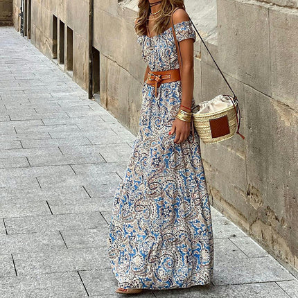Women Summer Print Off Shoulder Ruffle Casual A Line Beach Dress