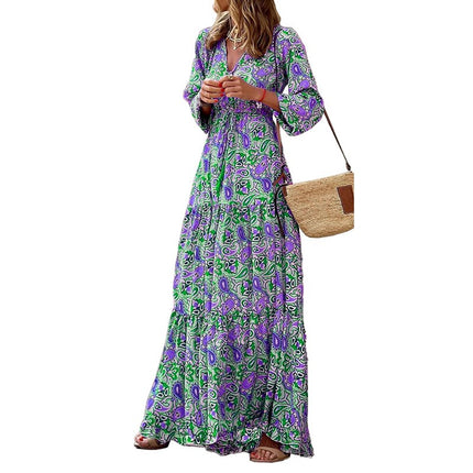 Women Long Sleeve Maxi Dress V-Neck Ruffle Flowy Beach Long Dress