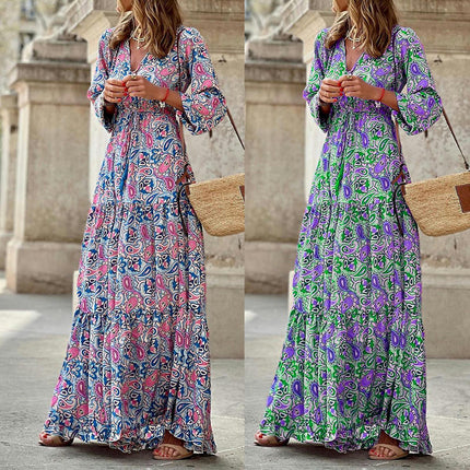 Women Long Sleeve Maxi Dress V-Neck Ruffle Flowy Beach Long Dress