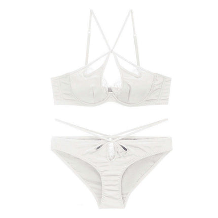 Women's Sexy Satin Cross Strap Underwear Eyelash Lace Soft Wire Push-Up Bra Set