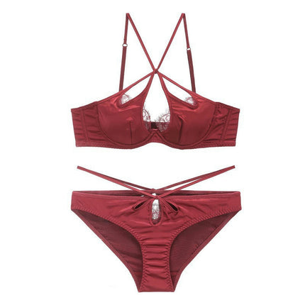 Women's Sexy Satin Cross Strap Underwear Eyelash Lace Soft Wire Push-Up Bra Set
