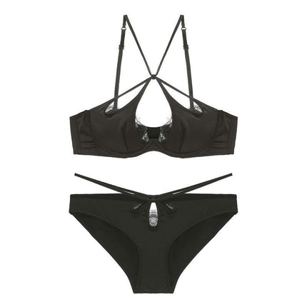 Women's Sexy Satin Cross Strap Underwear Eyelash Lace Soft Wire Push-Up Bra Set