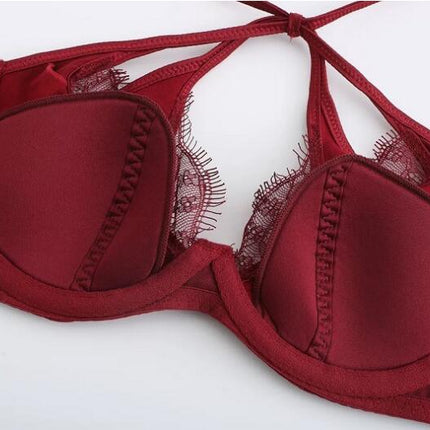 Women's Sexy Satin Cross Strap Underwear Eyelash Lace Soft Wire Push-Up Bra Set