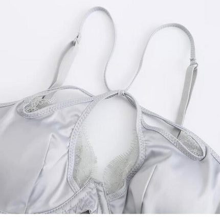 Women's Sexy Satin Cross Strap Underwear Eyelash Lace Soft Wire Push-Up Bra Set