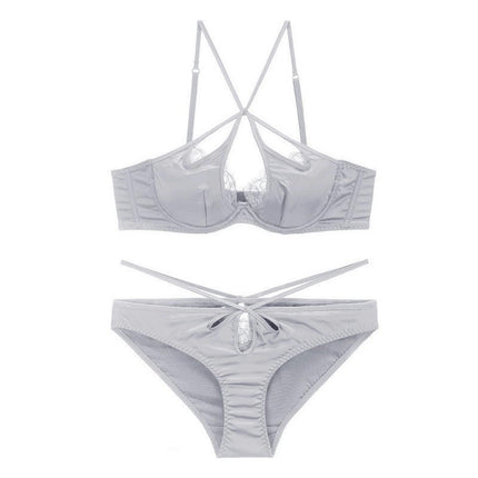 Women's Sexy Satin Cross Strap Underwear Eyelash Lace Soft Wire Push-Up Bra Set