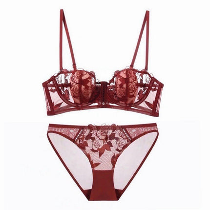 Sexy Underwire Push Up Rose Floral Lace Bra Set Women's Bra and Panties 2 Piece Set