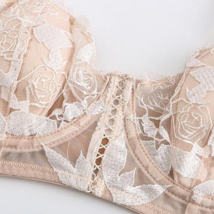 Sexy Underwire Push Up Rose Floral Lace Bra Set Women's Bra and Panties 2 Piece Set