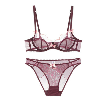 Women's Sexy Bow Thin Mesh Bra and Panty Set Two Piece Floral Lace Underwear Set