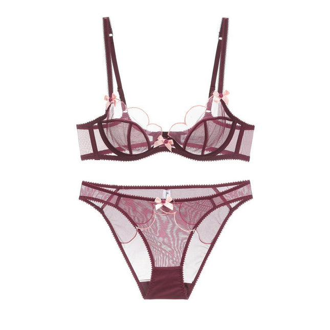 Women's Sexy Bow Thin Mesh Bra and Panty Set Two Piece Floral Lace Underwear Set
