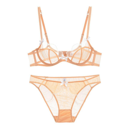 Women's Sexy Bow Thin Mesh Bra and Panty Set Two Piece Floral Lace Underwear Set