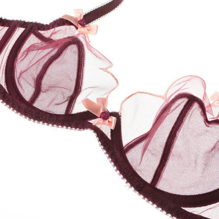 Women's Sexy Bow Thin Mesh Bra and Panty Set Two Piece Floral Lace Underwear Set