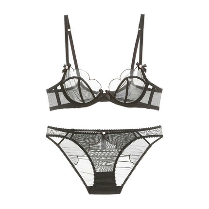Women's Sexy Bow Thin Mesh Bra and Panty Set Two Piece Floral Lace Underwear Set