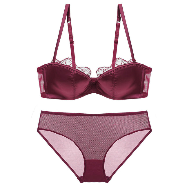 Women's Lace Sexy Glossy Lingerie Satin Thin Half Cup No Trace Bra Set