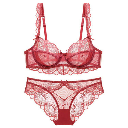 Women's Sexy Bow Sheer Mesh Bra and Panty Sets 2 Piece Floral Lace Underwire Lingerie Set