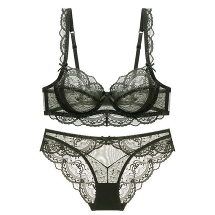 Women's Sexy Bow Sheer Mesh Bra and Panty Sets 2 Piece Floral Lace Underwire Lingerie Set