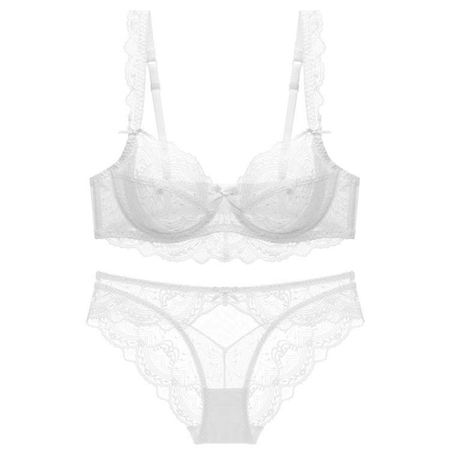 Women's Sexy Bow Sheer Mesh Bra and Panty Sets 2 Piece Floral Lace Underwire Lingerie Set
