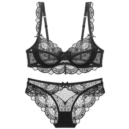 Women's Sexy Bow Sheer Mesh Bra and Panty Sets 2 Piece Floral Lace Underwire Lingerie Set