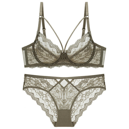 Women's Sexy Lingerie 2 Piece Lace Lingerie Set Underwire Cross Strap Bra and Panties Set