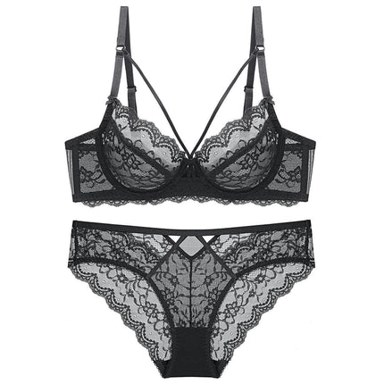 Women's Sexy Lingerie 2 Piece Lace Lingerie Set Underwire Cross Strap Bra and Panties Set