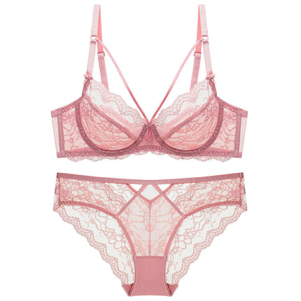 Women's Sexy Lingerie 2 Piece Lace Lingerie Set Underwire Cross Strap Bra and Panties Set