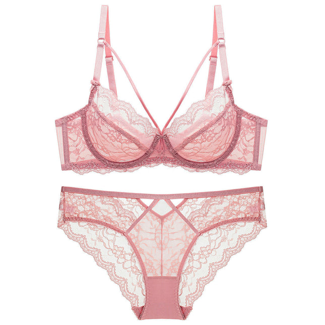 Women's Sexy Lingerie 2 Piece Lace Lingerie Set Underwire Cross Strap Bra and Panties Set