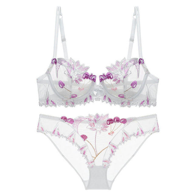 Women's Floral Lace Bra and Panty Set Sexy Underwire Ultra-thin Bra Set Transparent Lingerie Set