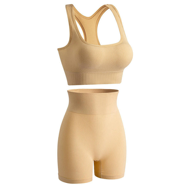 Women's 2 Piece Workout Sets - Seamless Ribbed Legging Shorts and Sports Bra Yoga Activewear Set