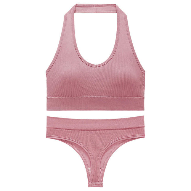Women's Hanging Neck Model Non-Steel Ring Bra Set Beauty Vest Underwear Thong Set