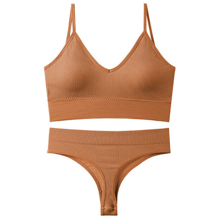 Women's Threaded Stripes Steel-Free Camisole Tank Top French Triangle Cup Bra Set