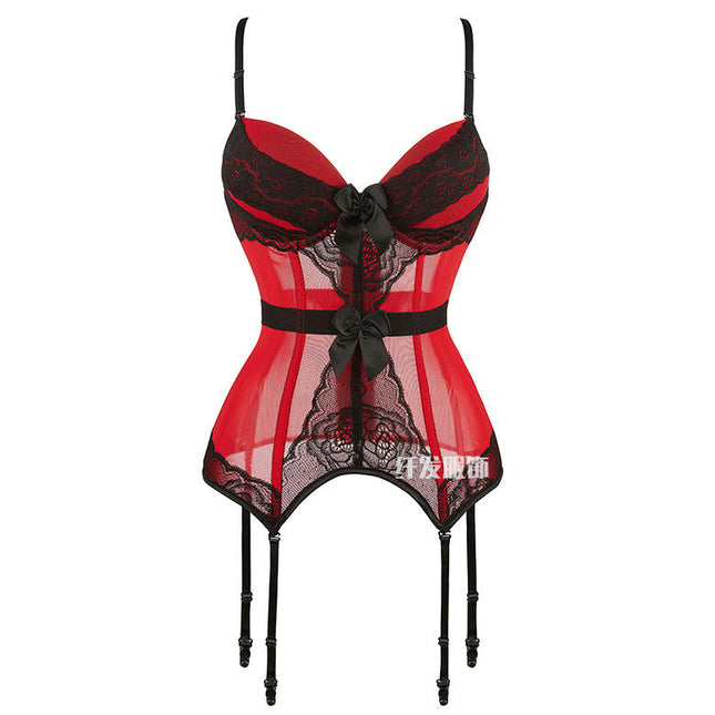 Women Lace Boned Bustier Corset Sexy Girdle Lingerie Set Shapewear with Garter Belt