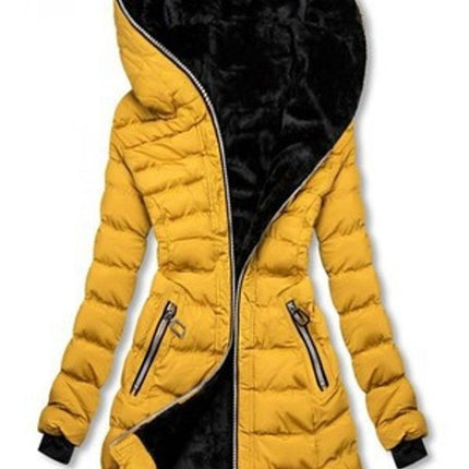 Women's Full Zipper Thickened Long Jacket Lined Faux Fur Hooded Warm Quilted Jacket