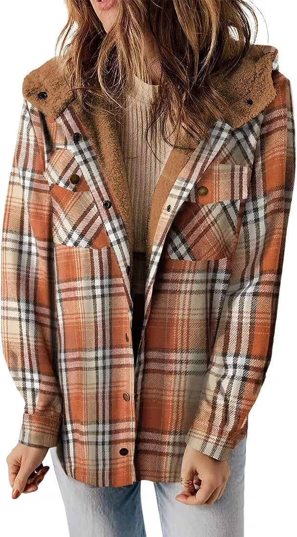 Women's Flannel Warm Jacket Plaid Shirt Fleece Hooded Pocket Casual Quilted Jacket