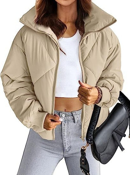 Women's Quilted Batwing Sleeve Long Sleeve Full Zipper Pocket Warm Short Jacket