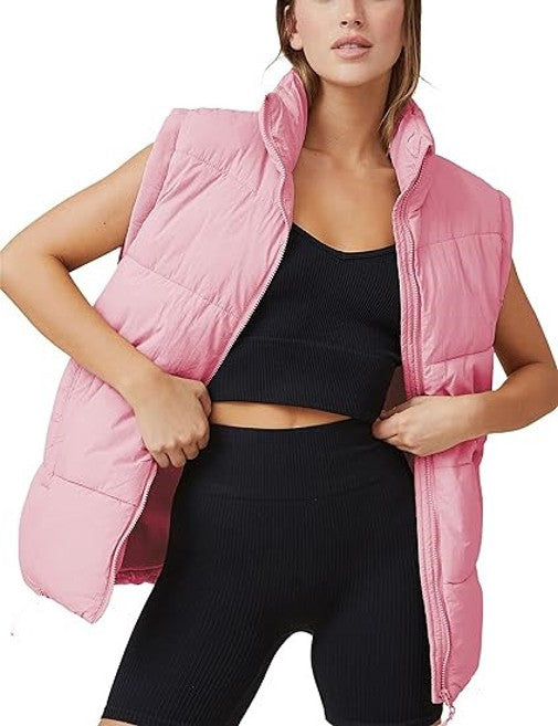 Women's Puffer Vest Sleeveless Zip Up Quilted Coat Stand Collar Gilet Jacket With Pockets