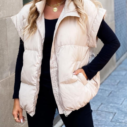Women's Puffer Vest Sleeveless Zip Up Quilted Coat Stand Collar Gilet Jacket With Pockets