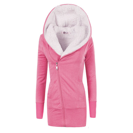 Women's Winter Long Hooded Zipper Sherpa Wool Warm Heavy Sweatshirt Jacket